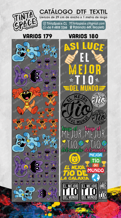 Catálogo DTF Textil VARIOS 179 y 180: Smiling Critters y frases para tíos, láminas de 29 × 100 cm con marca de agua TuDTF.cl.