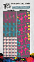 Catálogo DTF textil VARIOS 181 y VARIOS 182, láminas 29 × 100 cm con marca de agua TuDTF.cl.