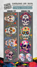Catálogo DTF textil VARIOS 197 y VARIOS 198, láminas 29 × 100 cm con marca de agua TuDTF.cl.