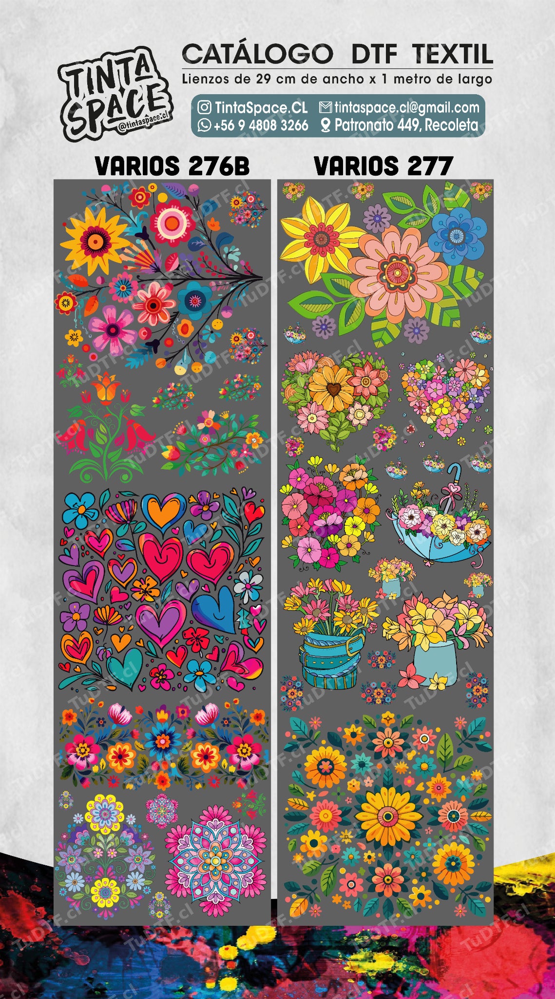 Catálogo DTF Textil VARIOS 276B y VARIOS 277 con marca de agua semitransparente TuDTF.cl.