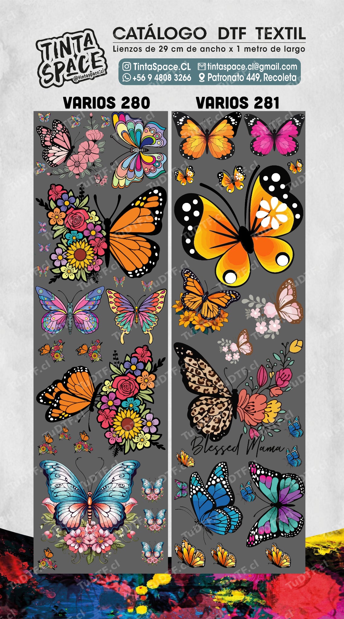 Catálogo DTF Textil VARIOS 280 y VARIOS 281 con marca de agua semitransparente TuDTF.cl.