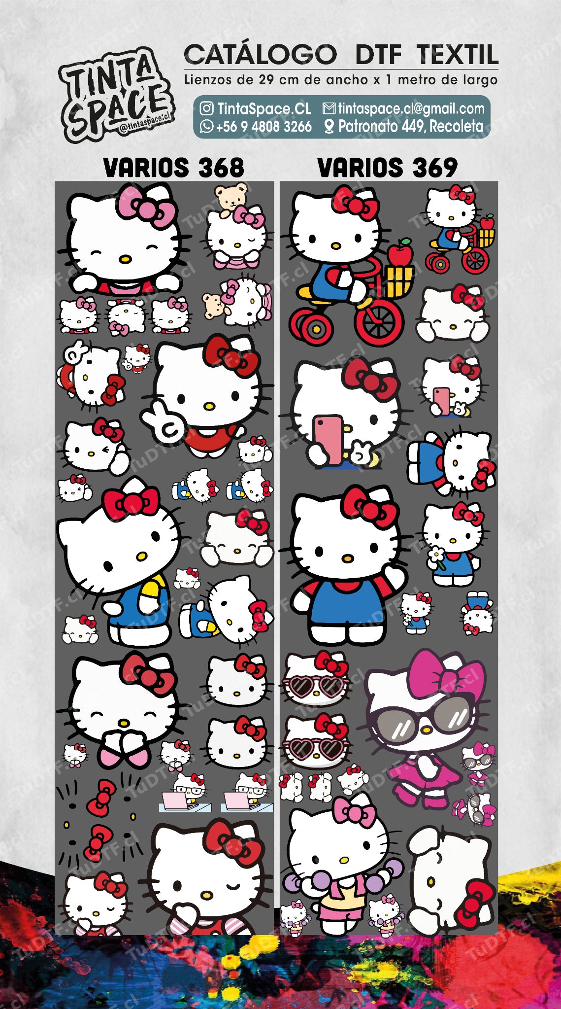 Catálogo DTF Textil VARIOS 368 y VARIOS 369 con marca de agua semitransparente TuDTF.cl.