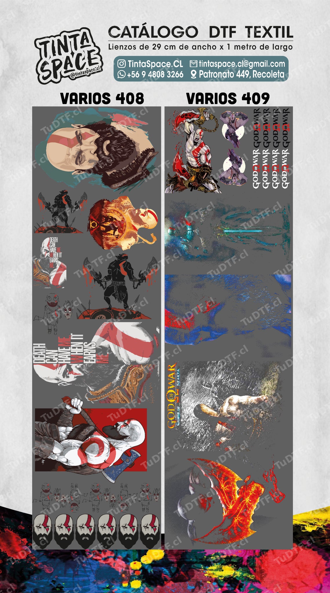 Catálogo DTF Textil VARIOS 408 y VARIOS 409 con marca de agua semitransparente TuDTF.cl.