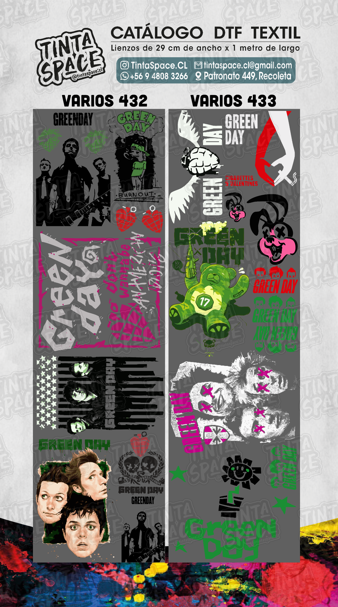 Catálogo DTF Textil VARIOS 432 y 433, con marca de agua tenue Tinta Space en todo el lienzo.