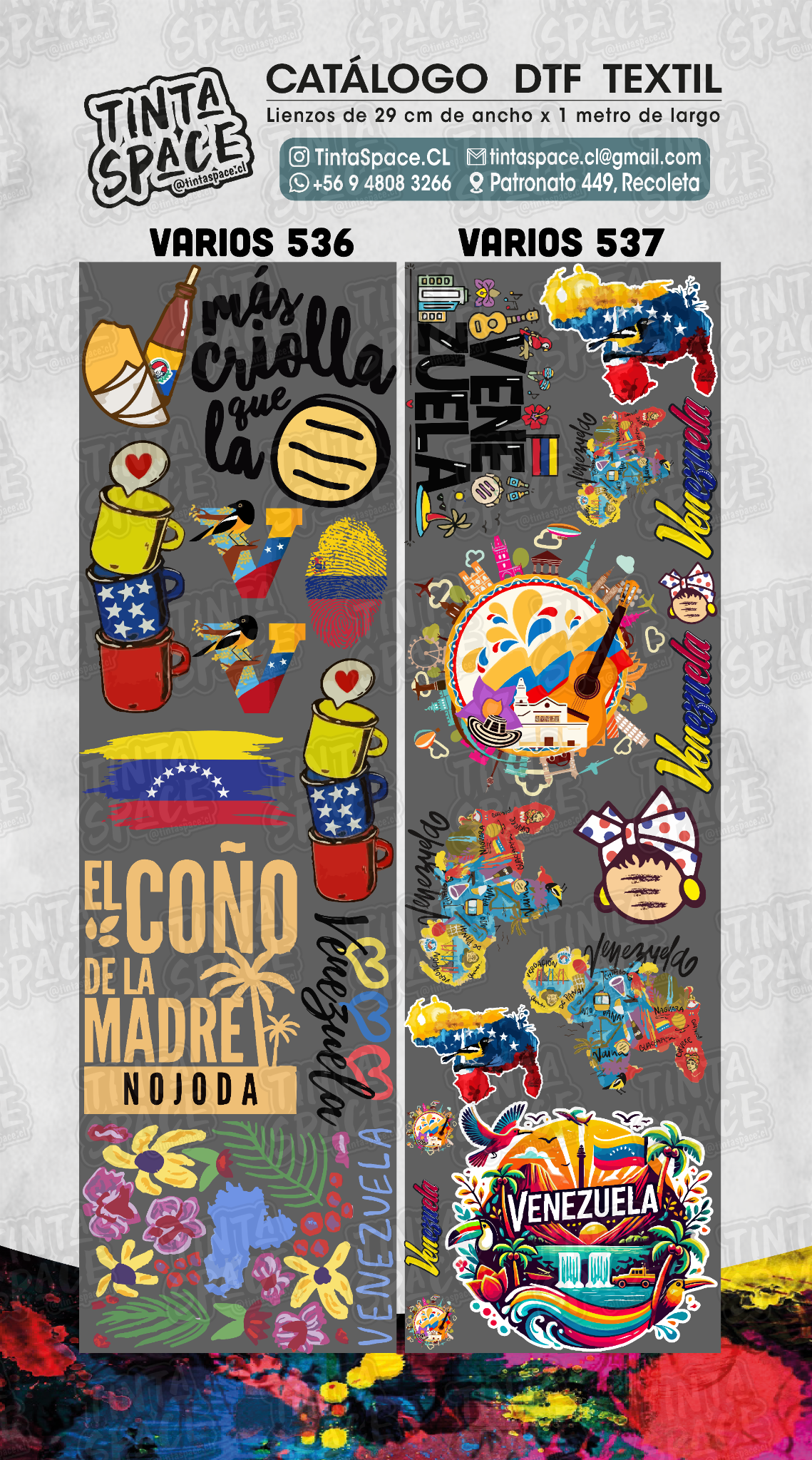 Catálogo DTF Textil VARIOS 536 y 537, con marca de agua tenue Tinta Space al 6% en todo el lienzo.