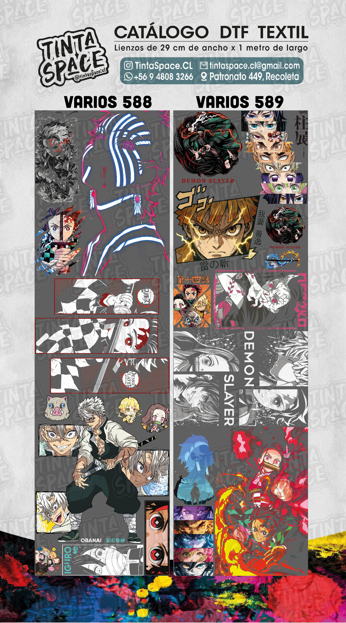 Catálogo DTF Textil VARIOS 588 y 589, con marca de agua tenue Tinta Space al 6% en todo el lienzo.