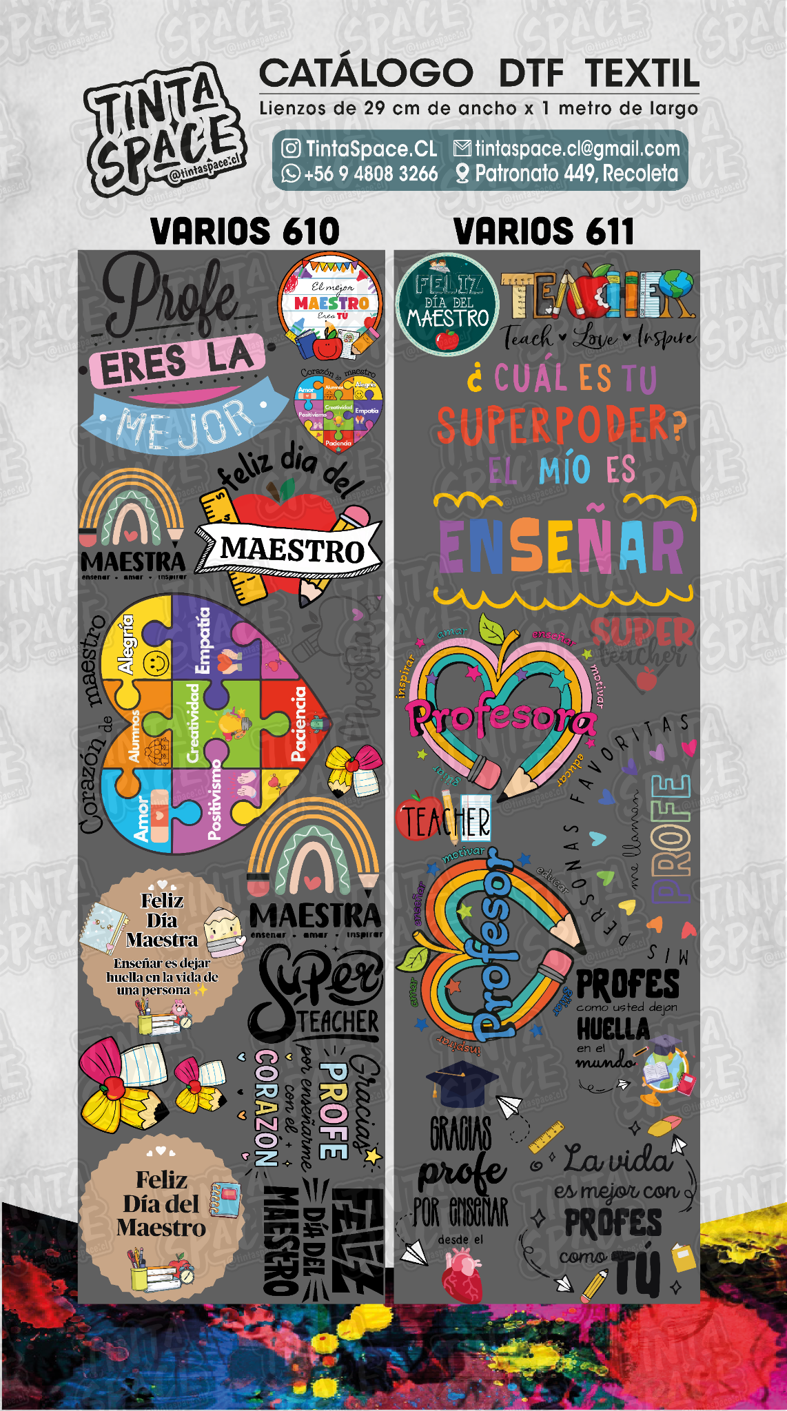 Catálogo DTF Textil VARIOS 610 y 611, con marca de agua tenue Tinta Space al 6% en todo el lienzo.
