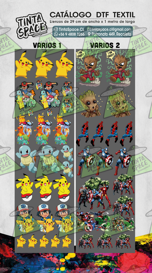 Catálogo DTF Textil VARIOS 1 Pokémon y VARIOS 2 Marvel con marca de agua Tinta Space sobre todo el lienzo