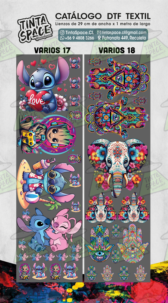 Catálogo DTF Textil VARIOS 17 y VARIOS 18, marca de agua suave Tinta Space en toda la imagen